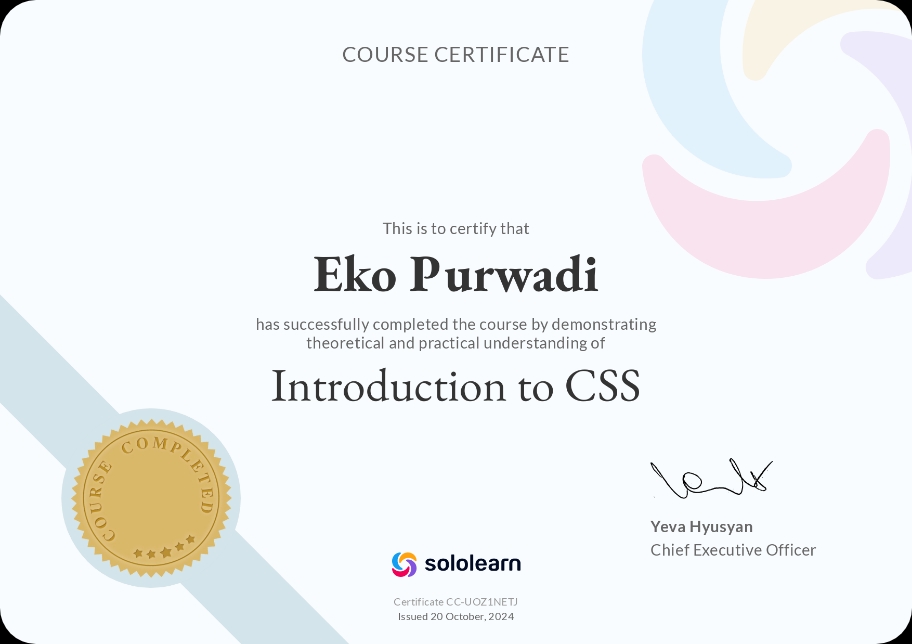 Certificate with the name Eko Purwadi for completing Introduction to CSS course